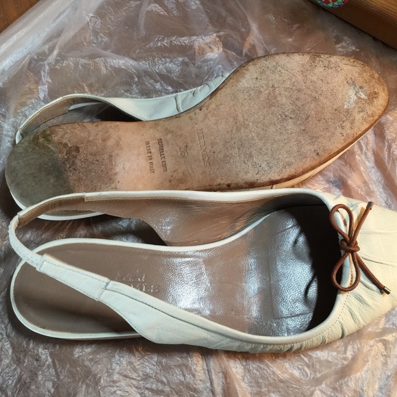 HERMES OFF-WHITE LEATHER MULES FLATS SLINGBACKS 36-6 ITALY ANKLE-STRAP BROWN - Picture 9 of 9